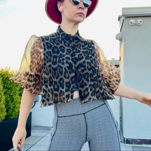 Zara Transparent Leopard Puff Sleeve Crop Blouse - Picture 12 of 16